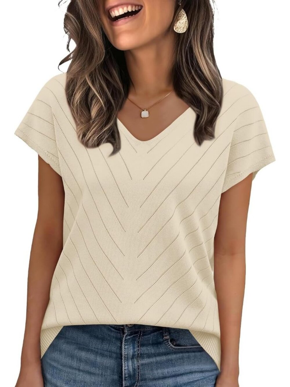 Womens Apricot W Trendy Summer Tops Sweater Pullover V-Neck Pull On Short Sleeve